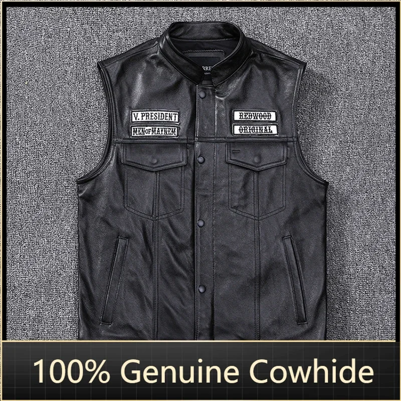 Genuine Cowhide Sons of Anarchy Black Leather Vest Sleeveless Biker Jacket Punk Rock Cosplay Fashion genuine cowhide vest