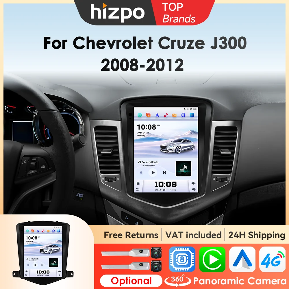 Autoradio Hizpo in Stile Tesla per Chevrolet Cruze J300 2008-2012, Lettore Multimediale 2din Android con Carplay, GPS, Stereo e Telecamera a 360°
