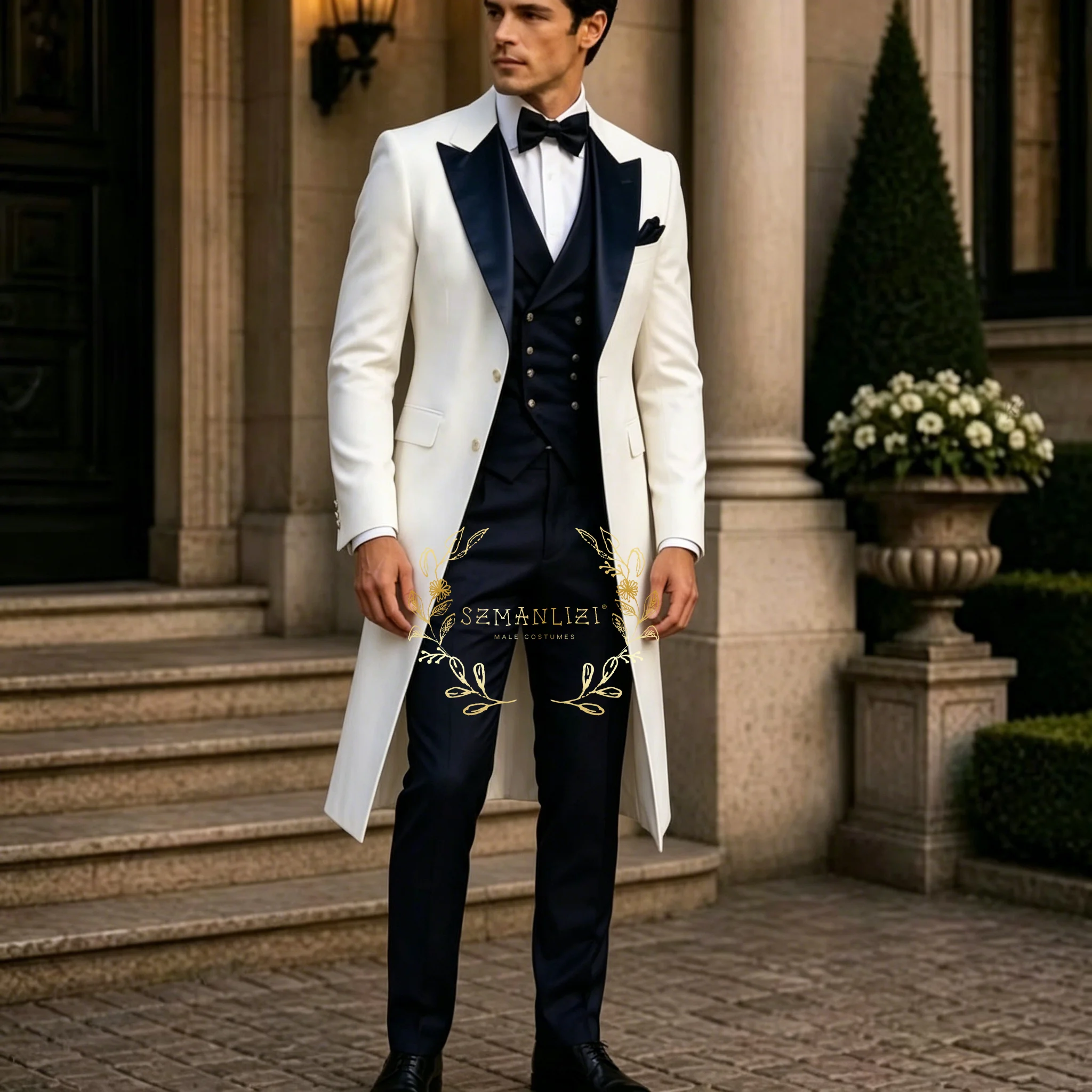 

Fashion Men's Suit 3 Pieces Groom Wear Long White Jacket Navy Blue Vest Pants Formal Wedding Prom Party Gentleman Tuxedos