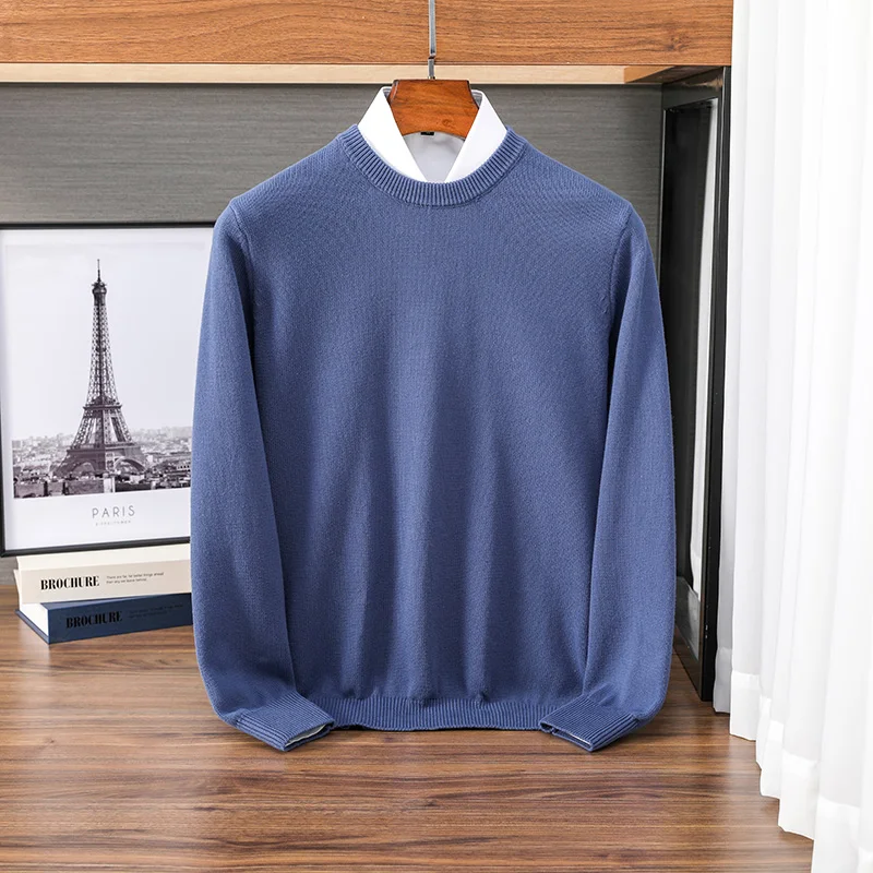 New 100% Pure Cotton Sweater Men\'s Autumn Winter O-Neck Pullover Business Casual Base Shirt Knit High-Grade Warm Male Jumper