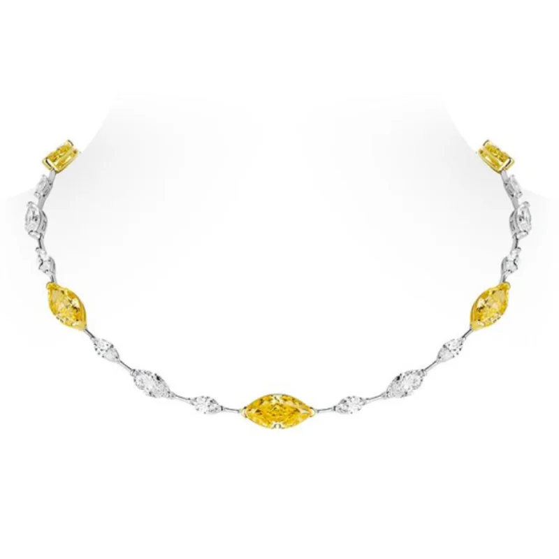BELLUX Collarbone Chain 925 Silver Synthetic Zircon Orange Light Yellow White Full Diamond Marquise-cut Luxury Necklace
