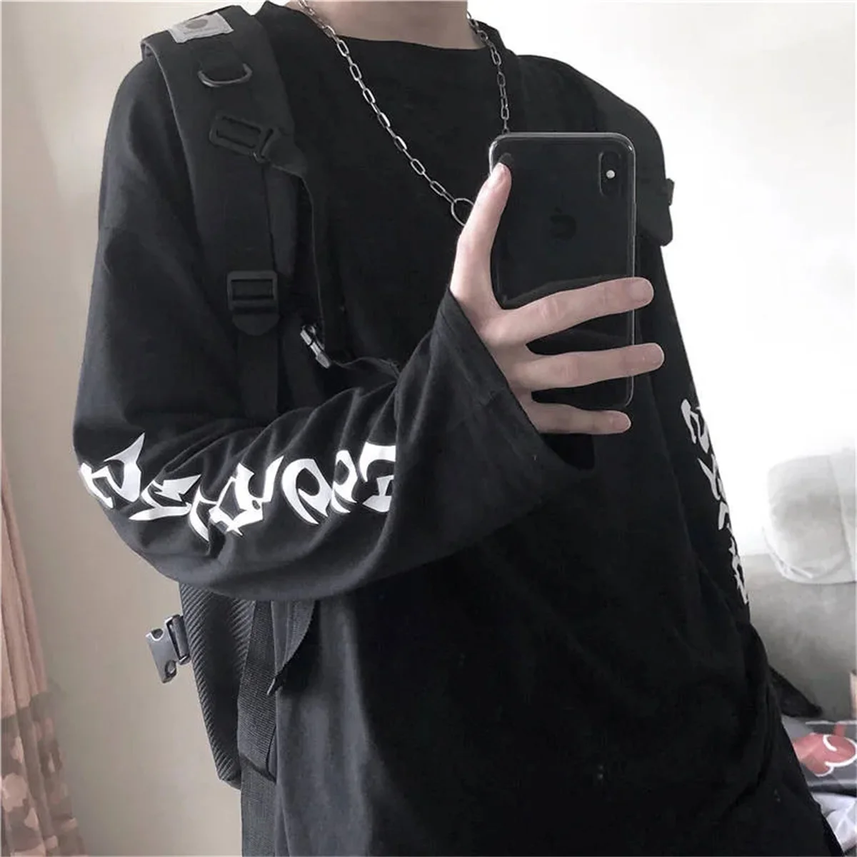 Cool Harajuku Ins TShirt Hip Hop เสื้อยืดผู้หญิงสีดําสบายๆเกาหลี T เสื้อแขนยาวหลวม TShirt Streetwear ฤดูใบไม้ร่วงหญิง