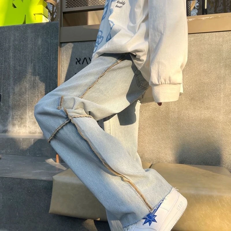 Men's Patchwork Straight Jeans American Streetwear Casual Denim Pants Vintage Hip Hop Trousers Spring Summer