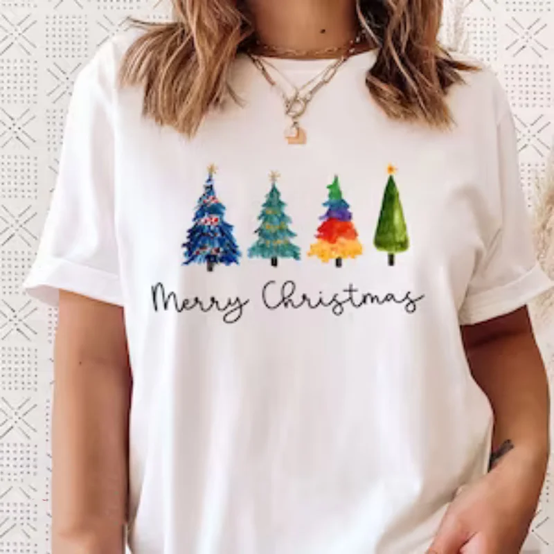Merry Christmas Reindeer T-Shirt Santa Hat Christmas Tree Vintage Family Holiday Xmas Elf Costume Harajuku Sleeve Casual