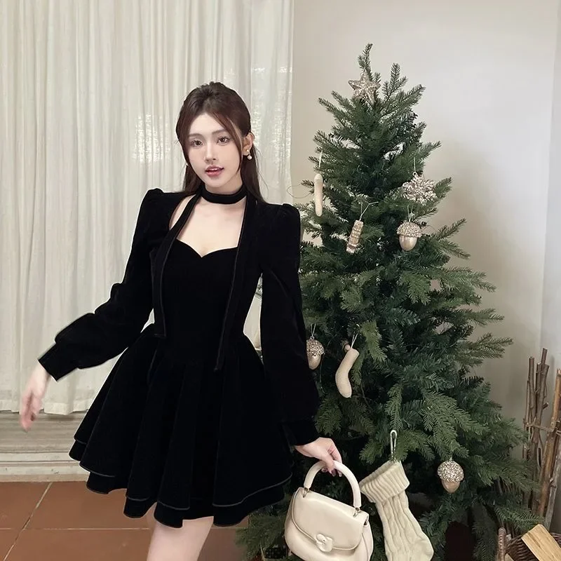 

French Vintage Subculture Black Dress Winter New V-neck Long Sleeve Minidress Women's Fashion High Street Elegant Lolita Dresses