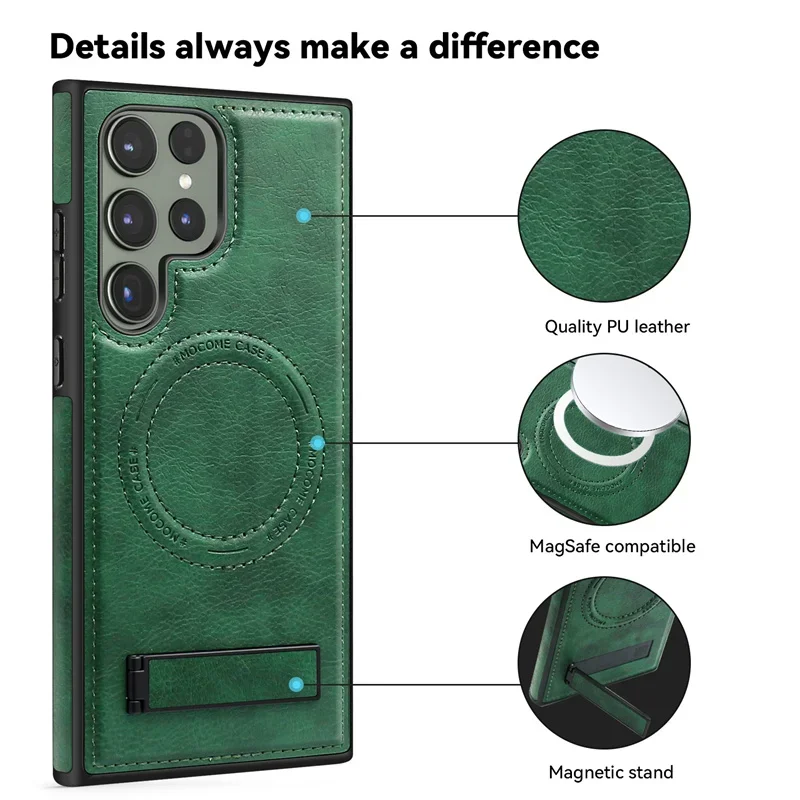 Luxury Leather Phone Magsafe Case For Samsung Galaxy S25 S24 Ultra S22 S23 Magnetic Wireless Back Cover Kickstand Holder Stand