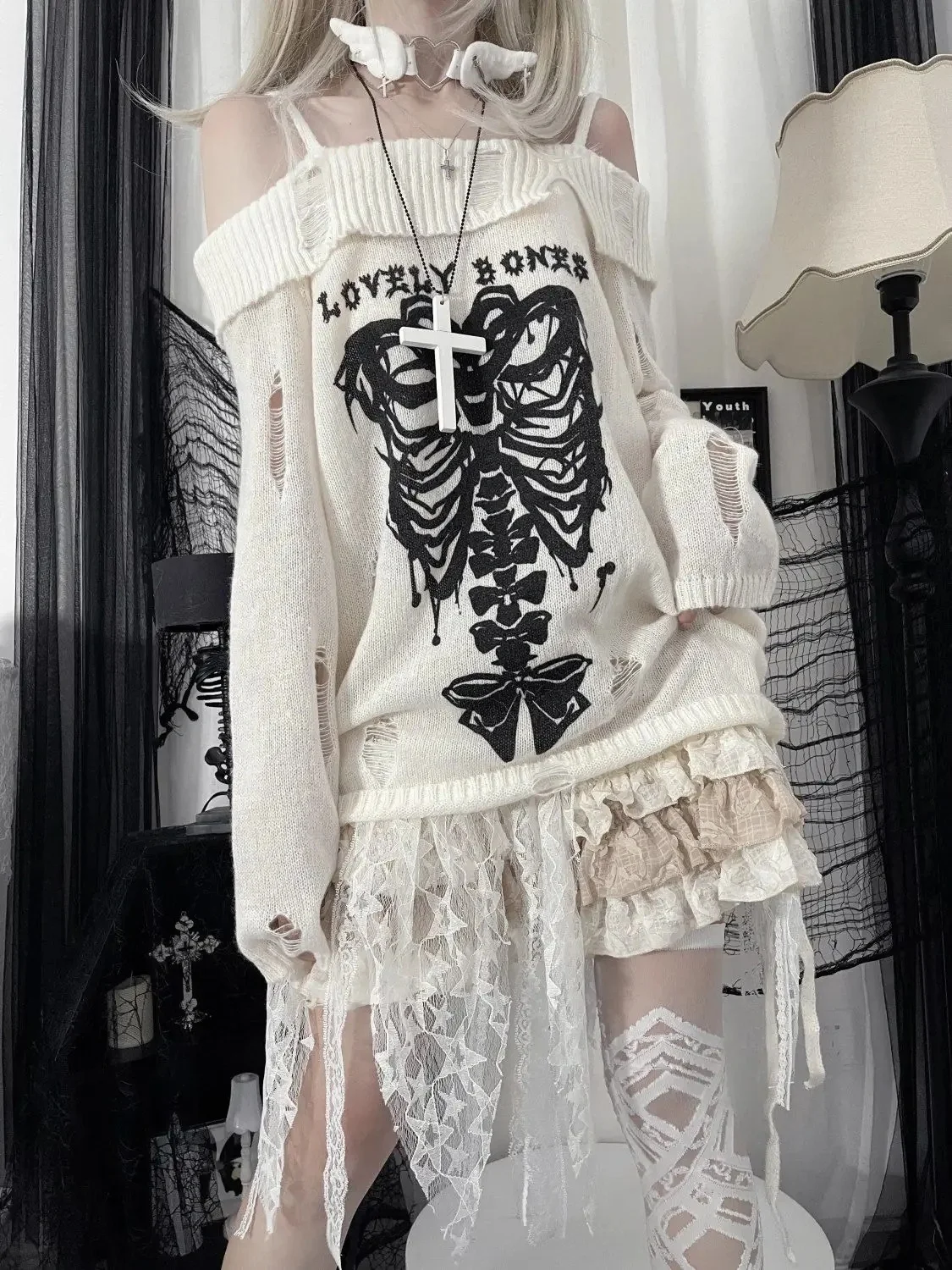 Women\'s Off Shoulder Skull Sweater Punk Long Sleeve Y2k skeleton Pullover Hollow Out Grunge Thin Knit Gothic Streetwear Autumn