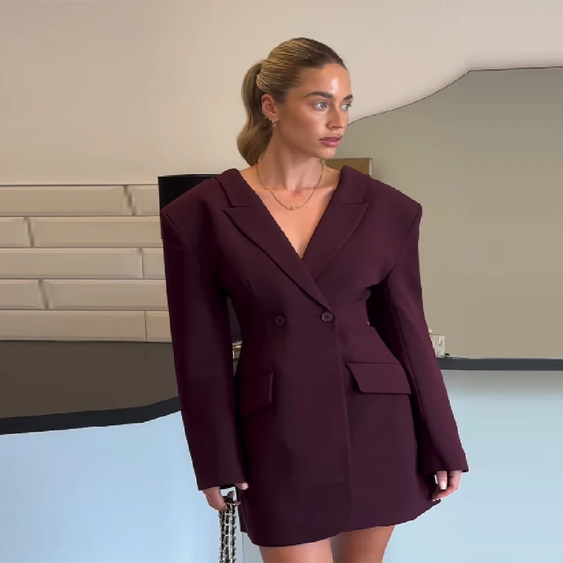

Women Burgundy Elegant Blazer Jacket Padded Shoulder Lapel Slim A Line Suit Coat Sull Sleeve Outwears 2025 New Lady Streetwears