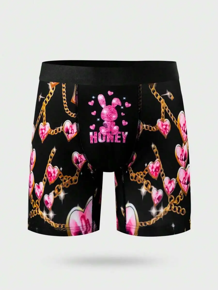 Mens Printed Boxer Shorts With Heart Chain Pattern Casual Underwear