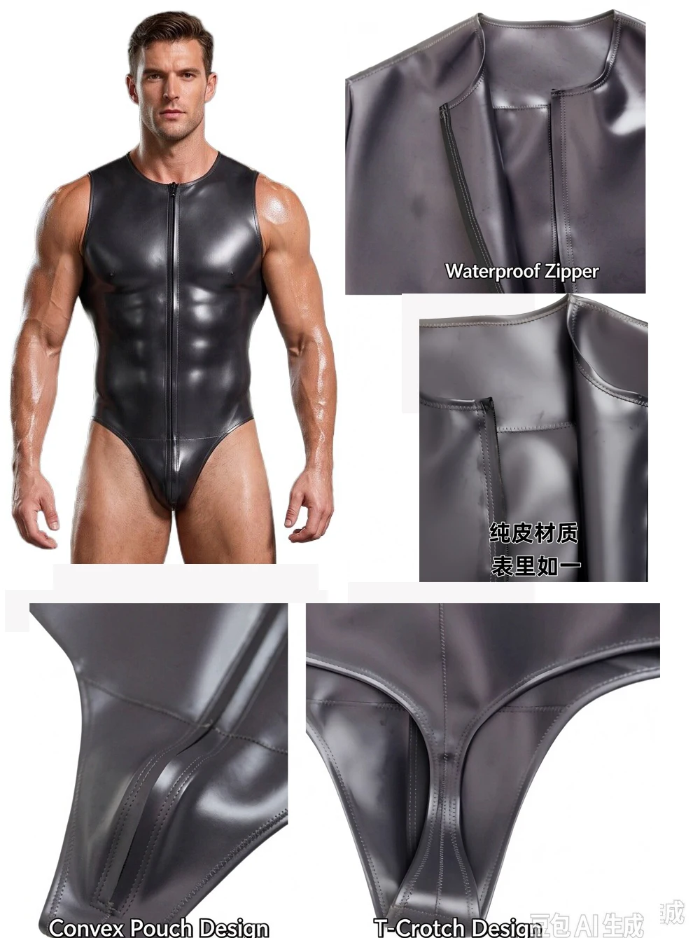 Men Sleeveless Bodysuit Double-Sided PU Leather Wetlook Shiny Leotard  Zipper T Crotch Convex Pouch Glossy One-Piece Top Costume