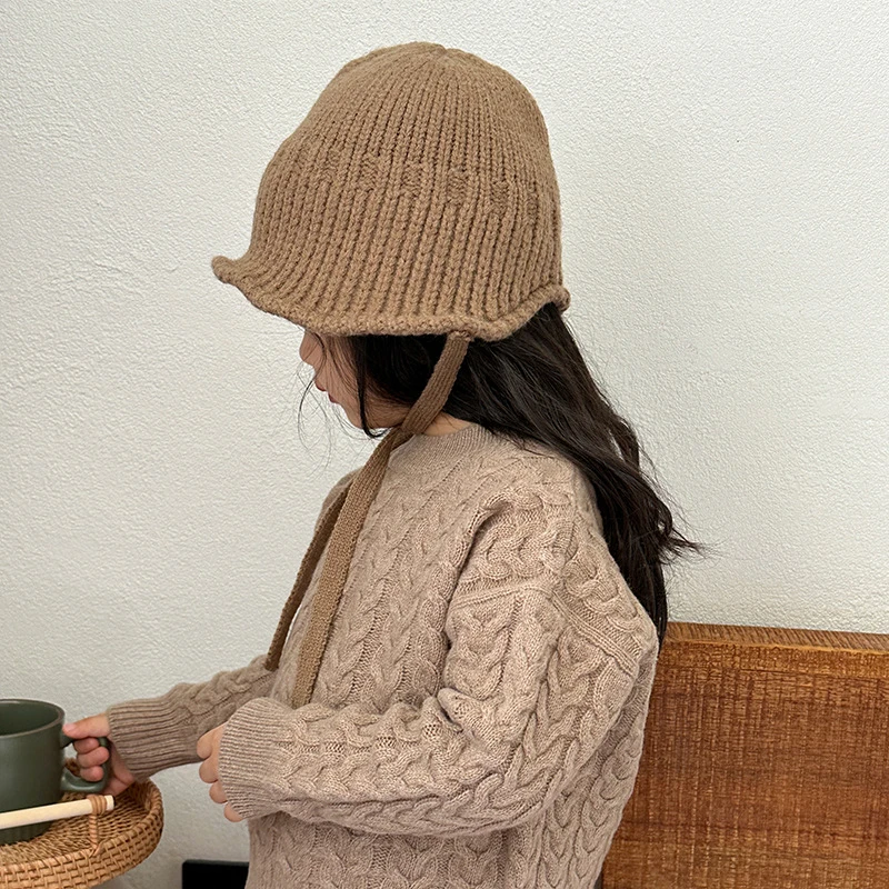 

Korean Girl Woolen Fisherman Hat Kids Winter Warm Knit Basin Cap Children Solid Color Sweater Beanie Baby Lace Up Visors 2-6year