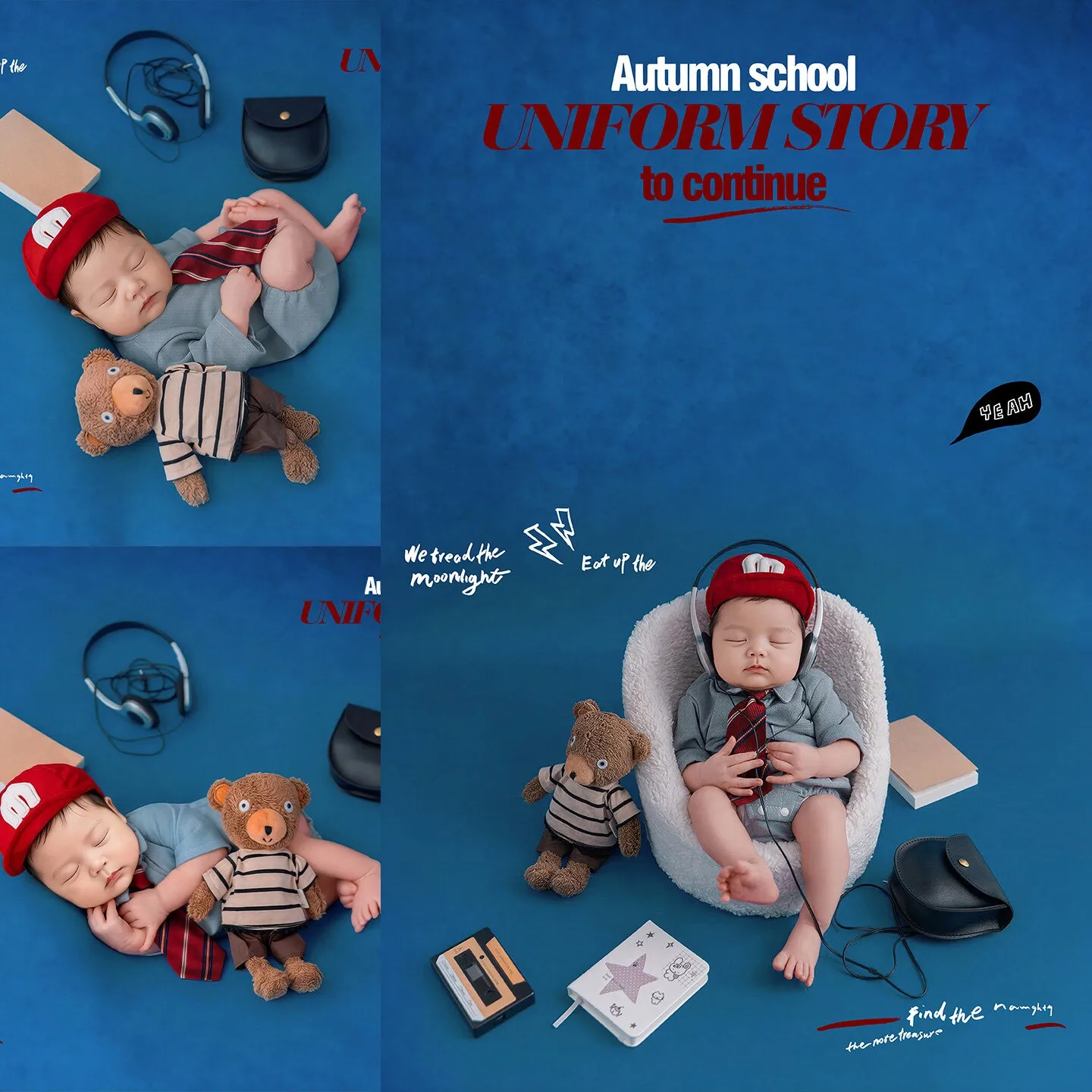 Newborn Photo Props Baby Boy Cute Amecican Student Set Outfit with Backdrop School Bag Headphone Decors for Studio Photshoot
