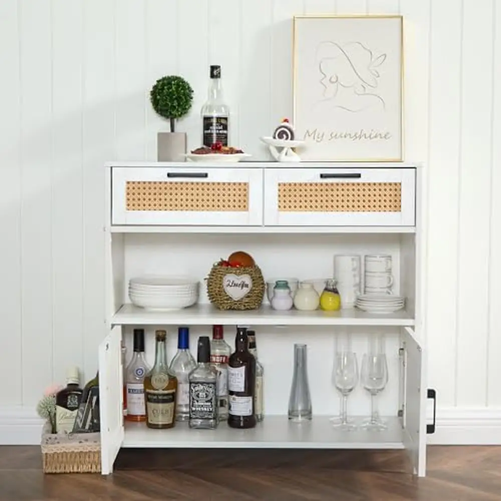 Boho Style Sideboard Buffet Cabinet with Charging Station and Rattan Doors