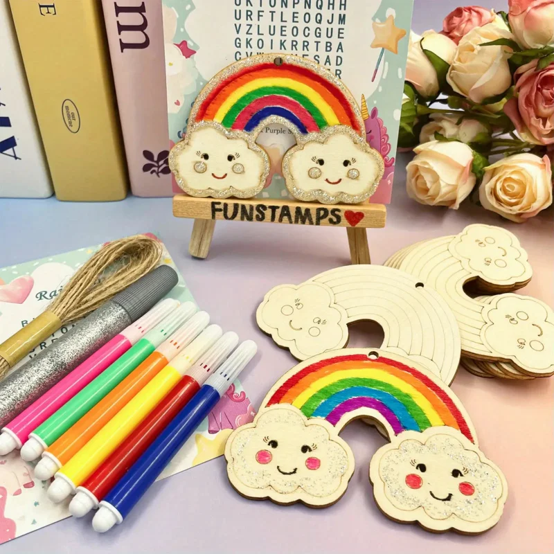 Exquisite DIY Handmade Wooden Rainbow Craft Kit 24pcs with 6Pens 1Rope 2Stickers for Spring Activity