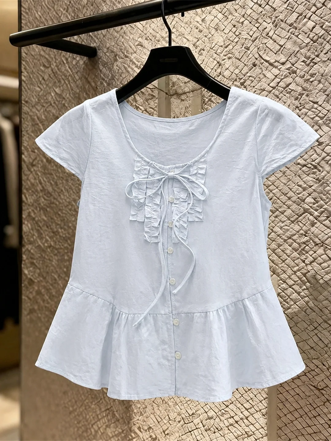 

Korean Style Sweet Knot Ruffle Short Sleeve Shirt Versatile Slimming Top for Summer Design Sensation Poetic Lin