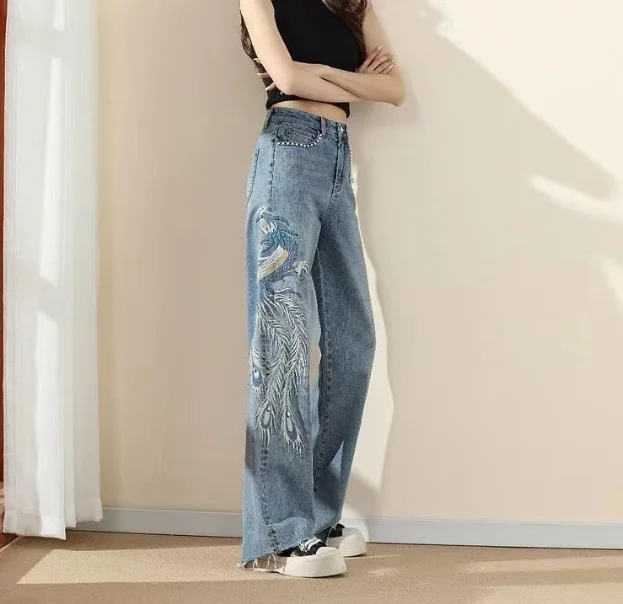 Jeans Women 2024 Fashion Phoenix Embroidery Straight Tube Loose and Trendy Jeans Wide Pants Woman