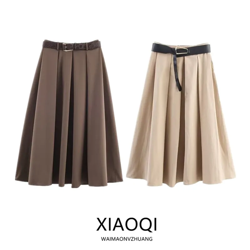 

High Waist Midi Skirt with Belt Autumn New Arrival Women's Faion A-Line f Body Skirt Stand Fit Casual European Sle