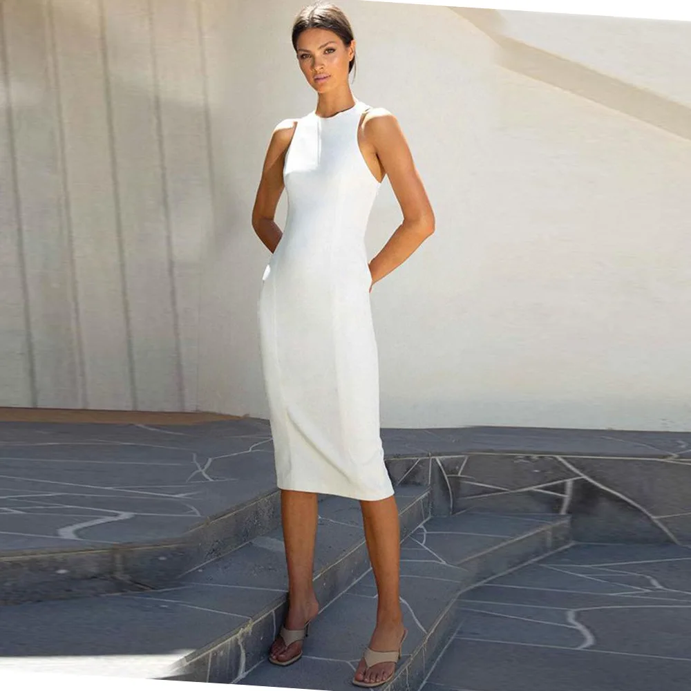 White Elegant Backless Dress Halter Cutout Slit Midi Dress Y2K Sleeveless Simplistic Slimming For Women Party Birthday Dress