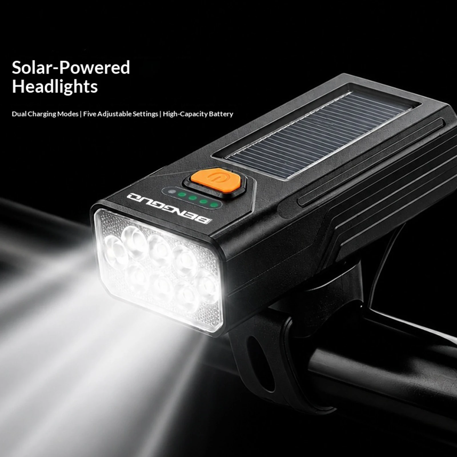 Solar Powered High-Brightness Bicycles Headlights 1200mAh Rechargeable Bike Flashlight Power Display Outdoor Cycling Equipment