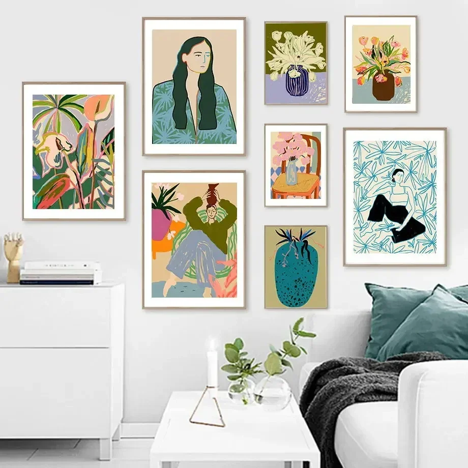 Abstract Peace Lily Calm Woman Portrait Vase On Chair Boho  Canvas PaintingPoster Wall Art Print Pictures For Living Room Decor