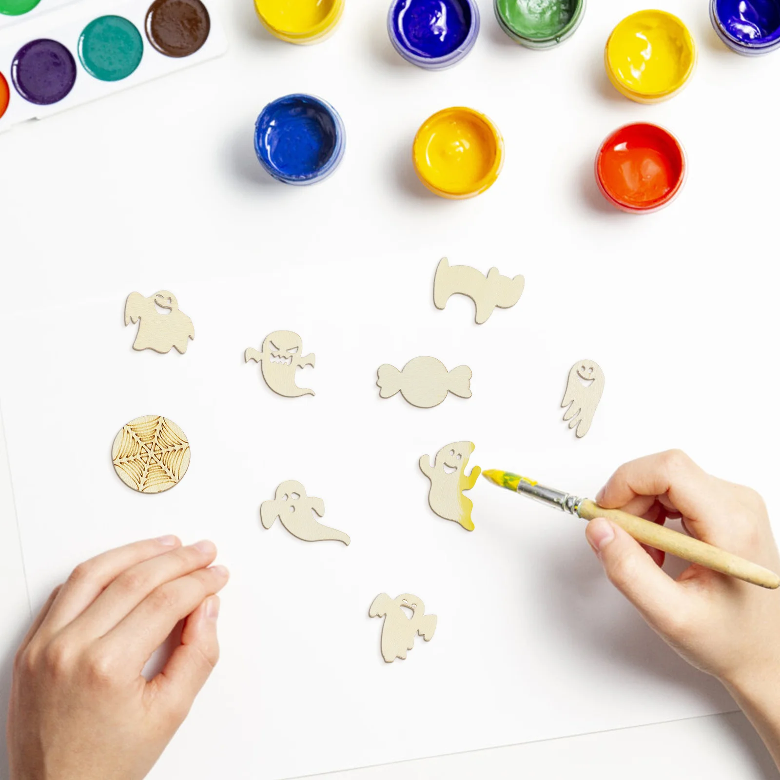 

2Sets Halloween Wooden Pendant Decor DIY Hanging Ornaments Festival Party Decoration Educational Crafts Ghosts