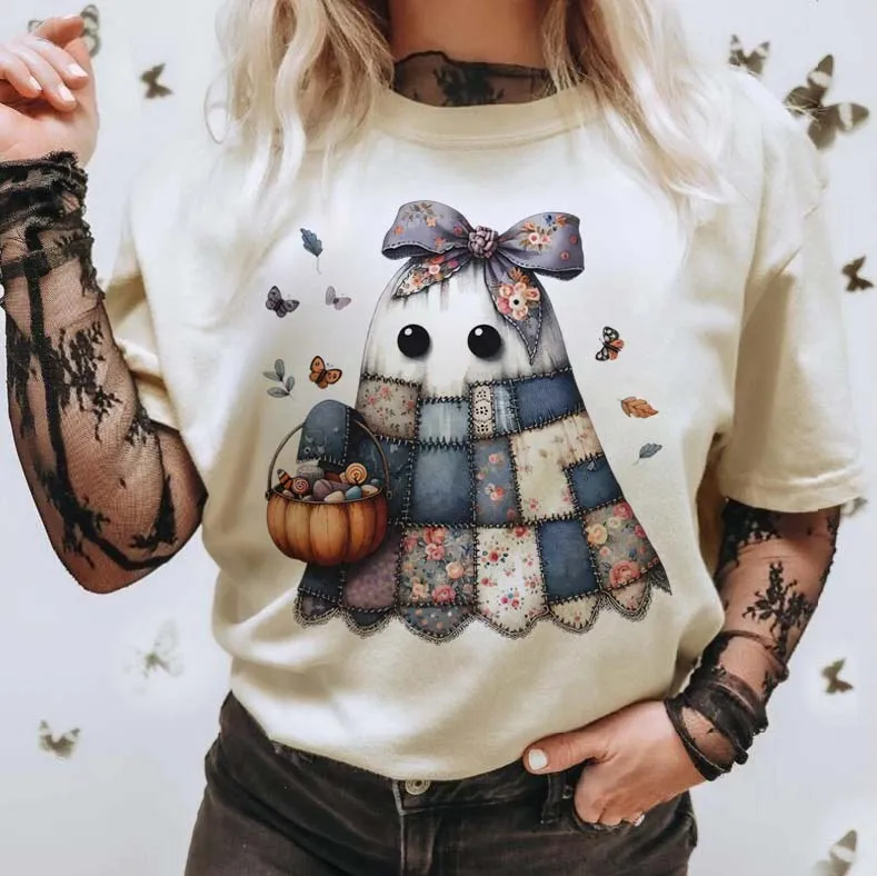 

Уличная модная футболка с принтом для Хэллоуина, милая женская повседневная футболка с круглым вырезом, забавная осенняя универсальная футболка с героями мультфильмов