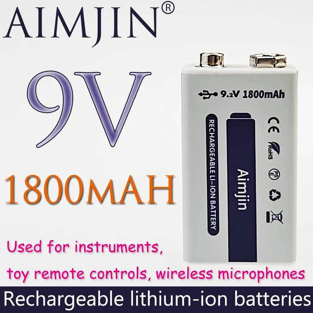 9V lithium battery USB rechargeable lithium-ion 9V 1800mAh, with USB cable, suitable for cameras and other electronic devices