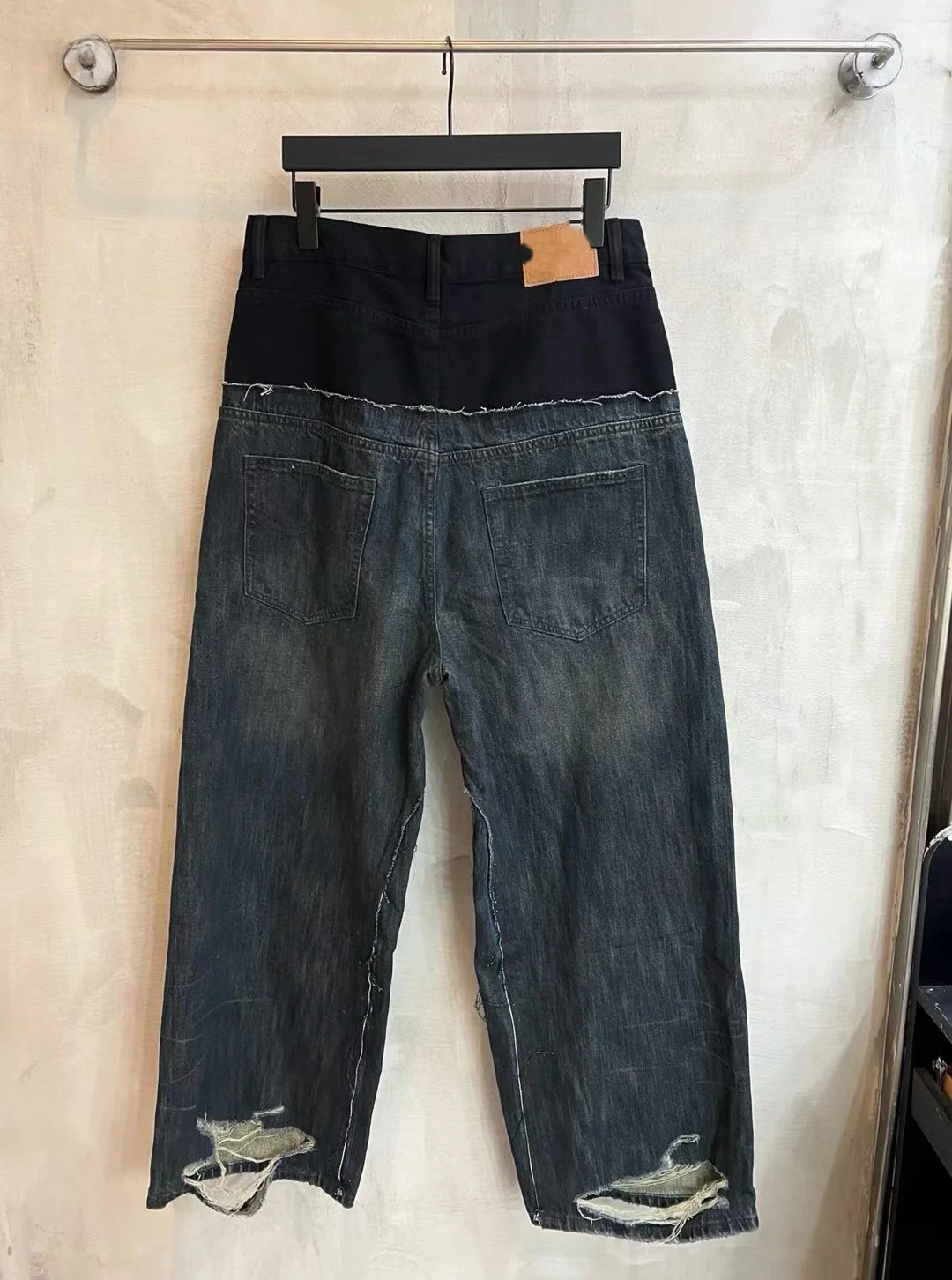 Parisian Style Double Waist Patchwork Washed out Distressed Wide Leg Jeans Youth Cotton Denim Casual Comfortable Fit Jeans