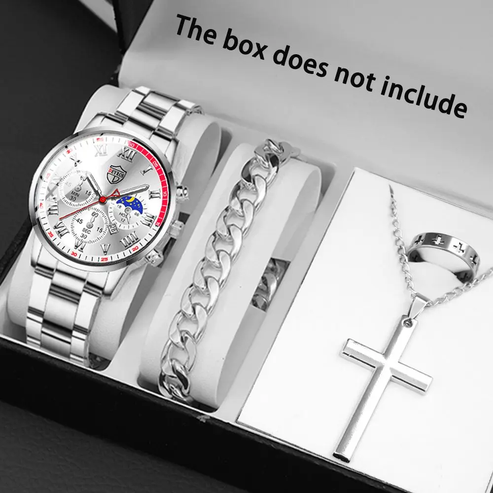 

Fashion Silver Minimalist Men's Four Piece Combination Watches Mens Business Calendar Watch Men Stainless Steel Quartz Wishwatch