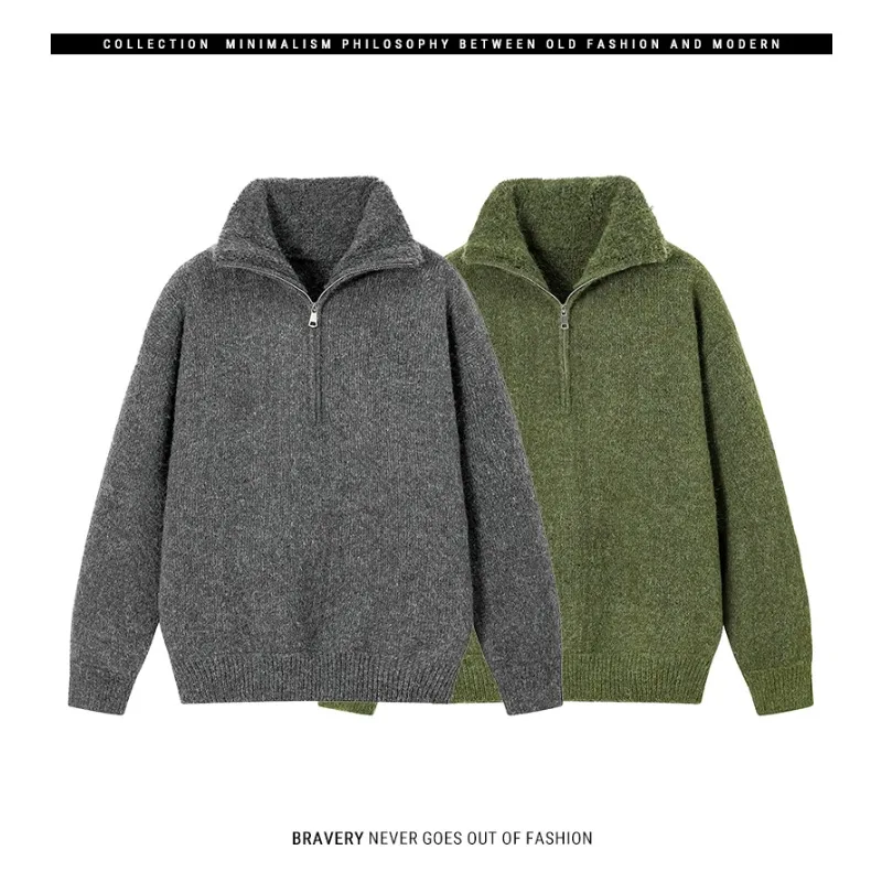 

Men's Semi-high Neck Pullover Sweater Winter New Style Loose Laid-back and Trendy Solid Color Casual Couple Knitted Sweater Top