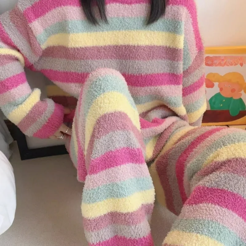 Thickened Rainbow Striped Coral Velvet Pajama for Woman 2024 New Net Red Cute Foreign Style Home Wear Warm Suit Comfortable