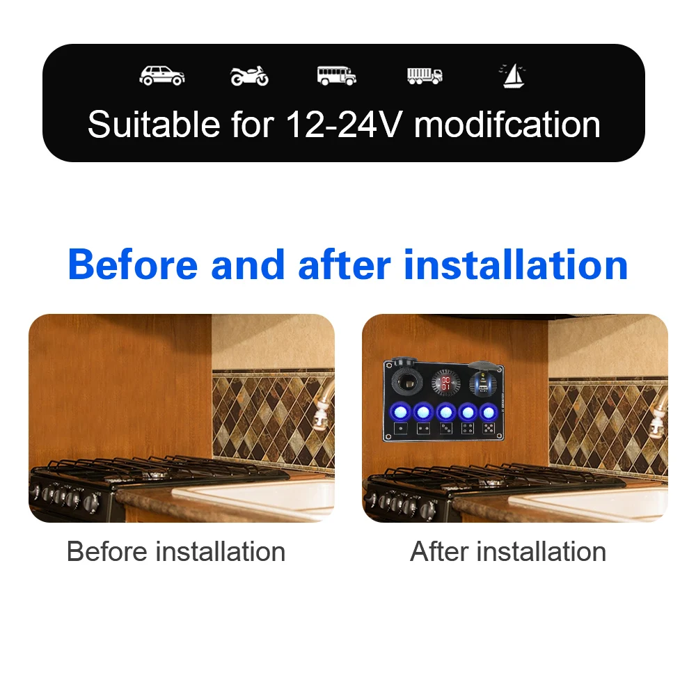 For RV Car Marine 12/24V LED Voltage Display Car Switch Panel 5 Gang