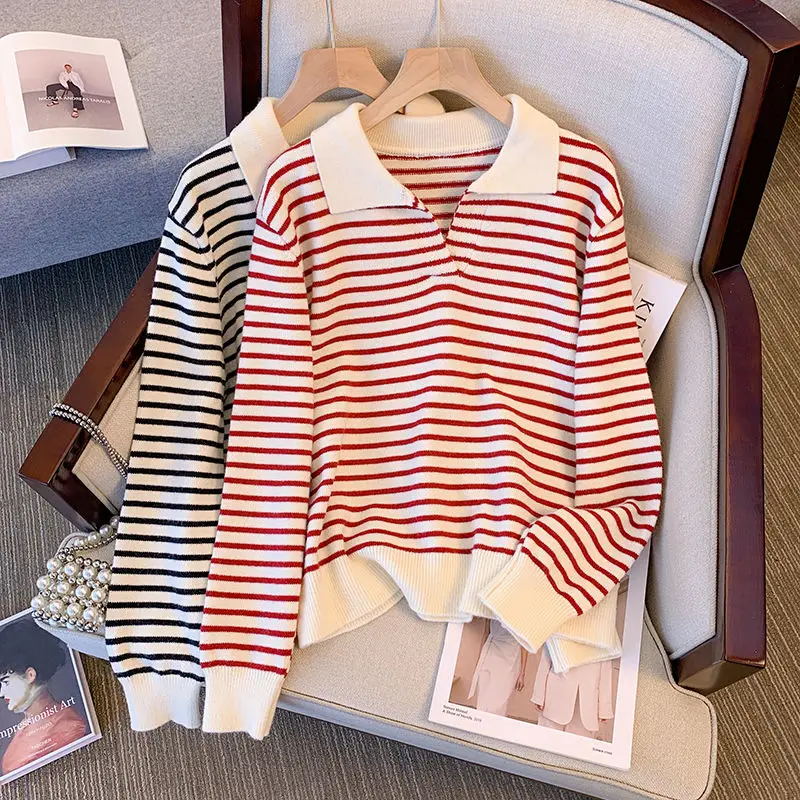 Fashionable and casual pullover loose striped long sleeved top slim fit and age reducing women's covering the Instagram