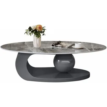 Image Modern Stone Coffee Table with Abstract Metal Base Living Room Table Center Table- Grey 39" L x 20" W x 17" H