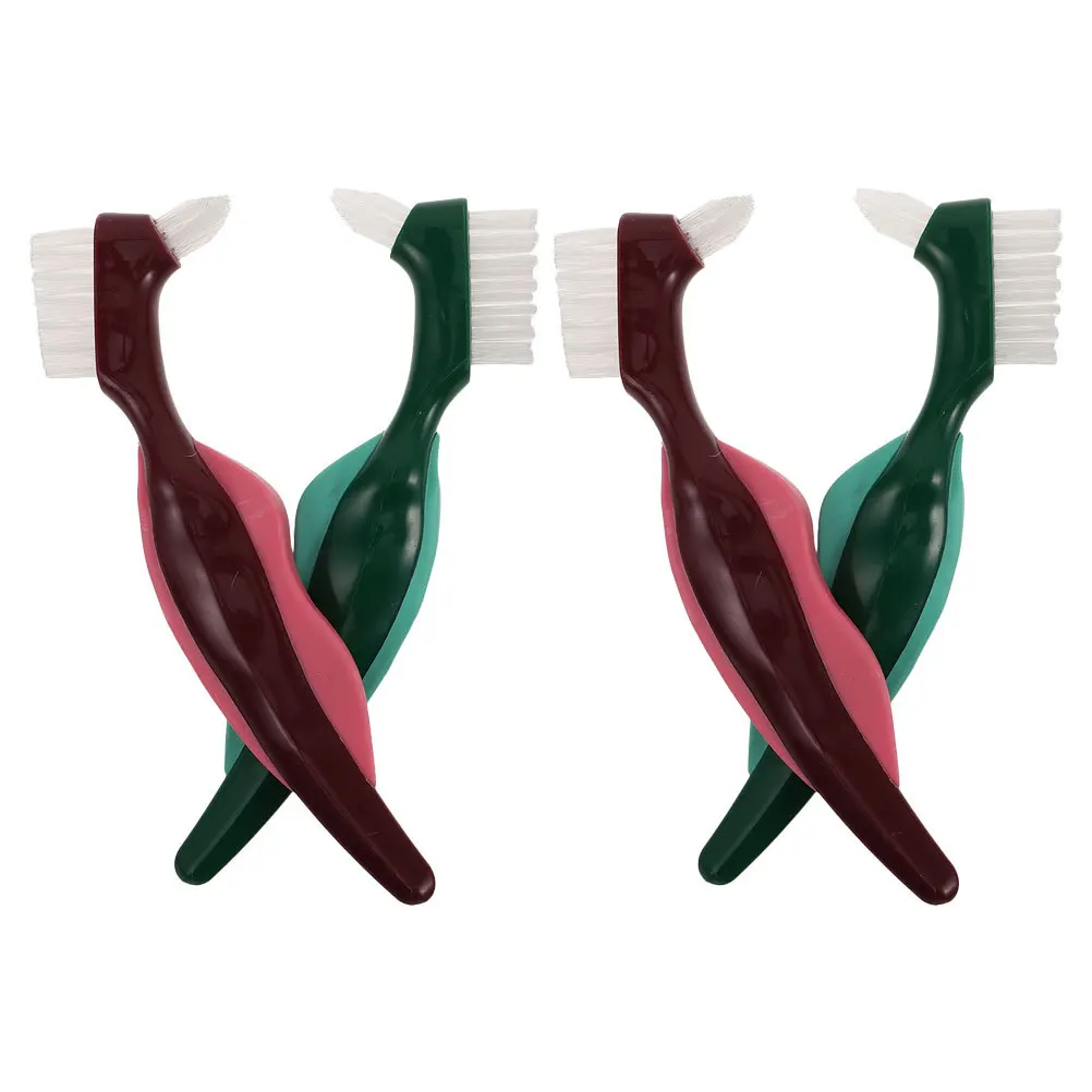 

4Pcs Hard Bristle Denture Brush Dual Head Portable Nonslip Handle False Teeth Cleaning Elderly Oral Care Device