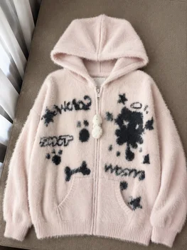 Women's Graffiti Print Hooded Knit Sweater 3 American Vintage Sweet Graffiti Print Sweater Women Sweet Kawaii Oversized Hooded Winter Knitted Fashion Slim Fit Cardigan New 3