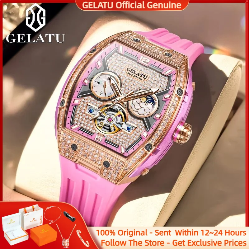 

GELATU 6016 Women Watch Diamond Hollow Luxury Automatic Mechanical Watch Silicone Waterproof Moonphase Tourbillon Women Watch