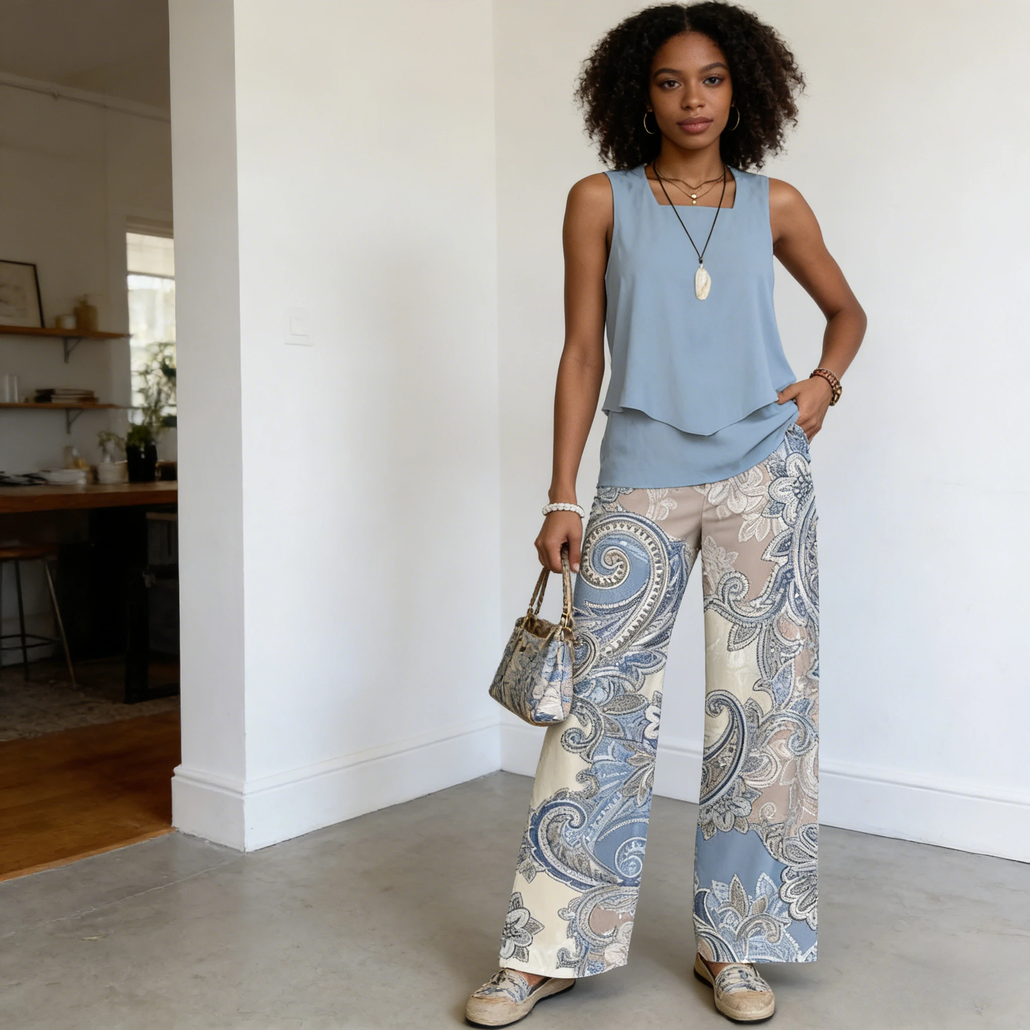 

Pant Set Women Two Piece Sets Round Neck Sleeveless Tops Casual Loose Wide Leg Long Pants High Waist Print Y2k Streetwear 2026