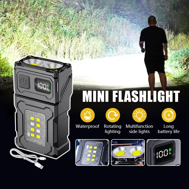 Magnetic Keychain Flashlight Super Bright Rechargeable EDC Light Compact LED Torch W/ Back Clip for Hands-Free Work Emergency