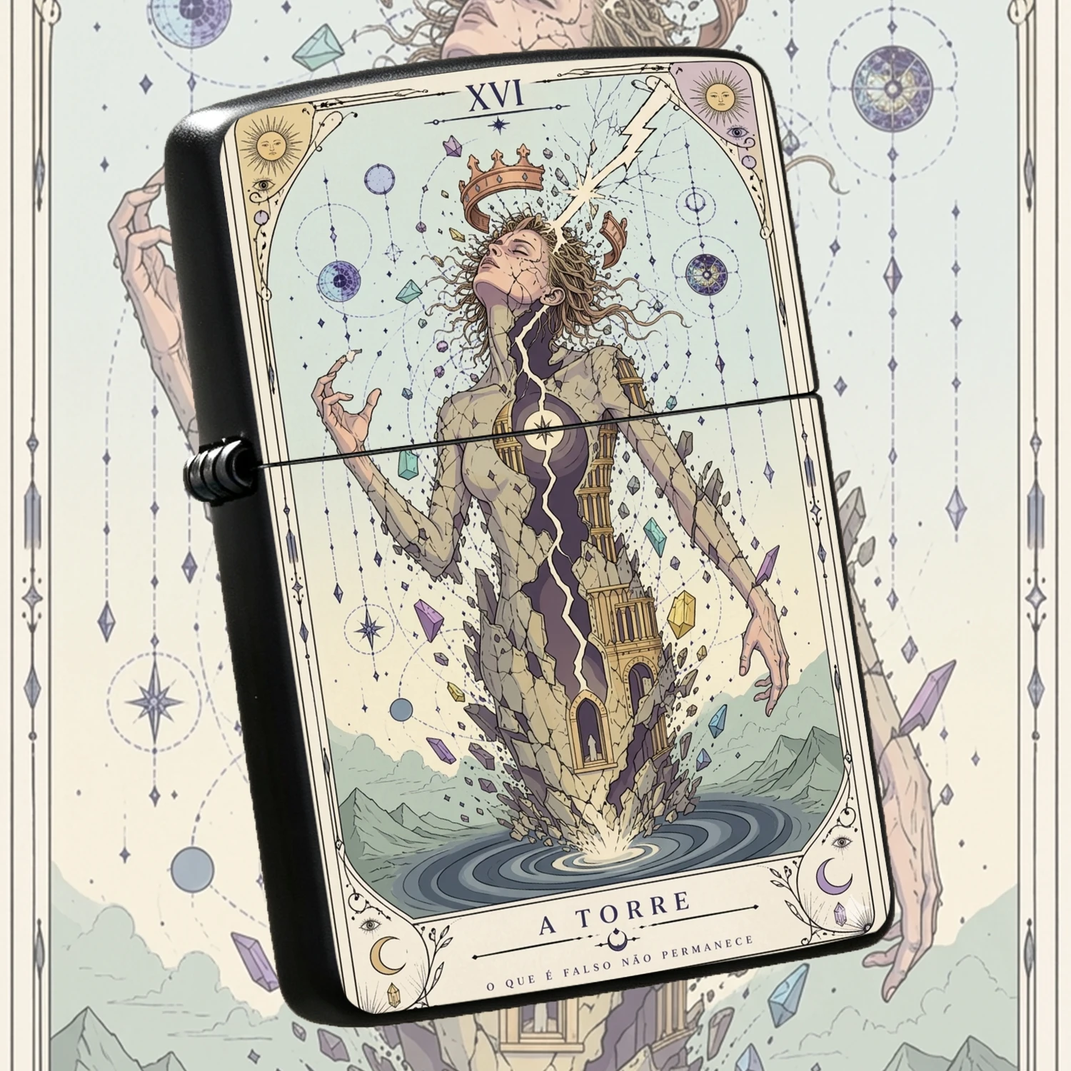 Vintage Tarot No.16 The Tower Pattern Exquisite Art Print Cracked Figure Crown Cosmic Motif Windproof Durable Unique Creative Collectible Gift for Tarot Lovers Daily Outdoor Use A fun and humorous lighter