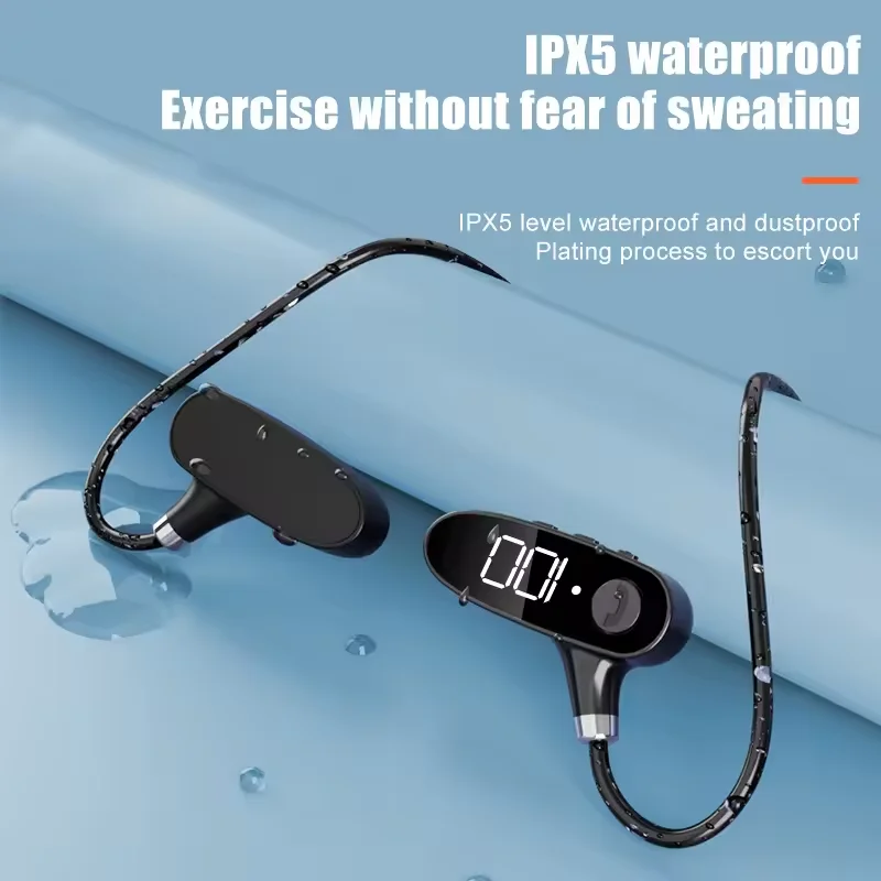 Bone conduction Bluetooth earphones for wireless sports running without in ear hanging neck digital display view 3