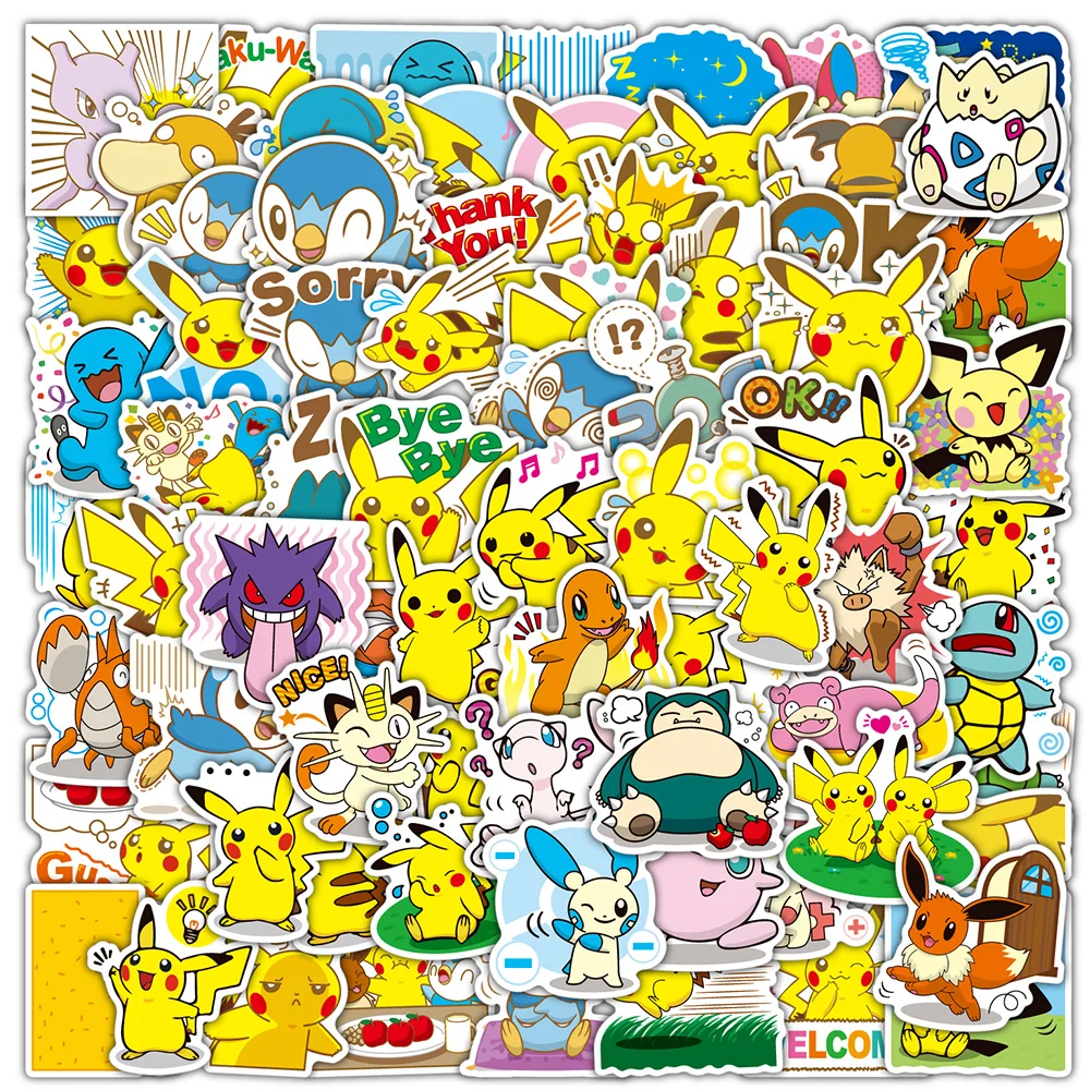 50/80/100pcs Cartoon Pikachu Pokemon Stickers Anime DIY Laptop Skateboard Luggage Phone Waterproof Cute Decals Sticker for Kids