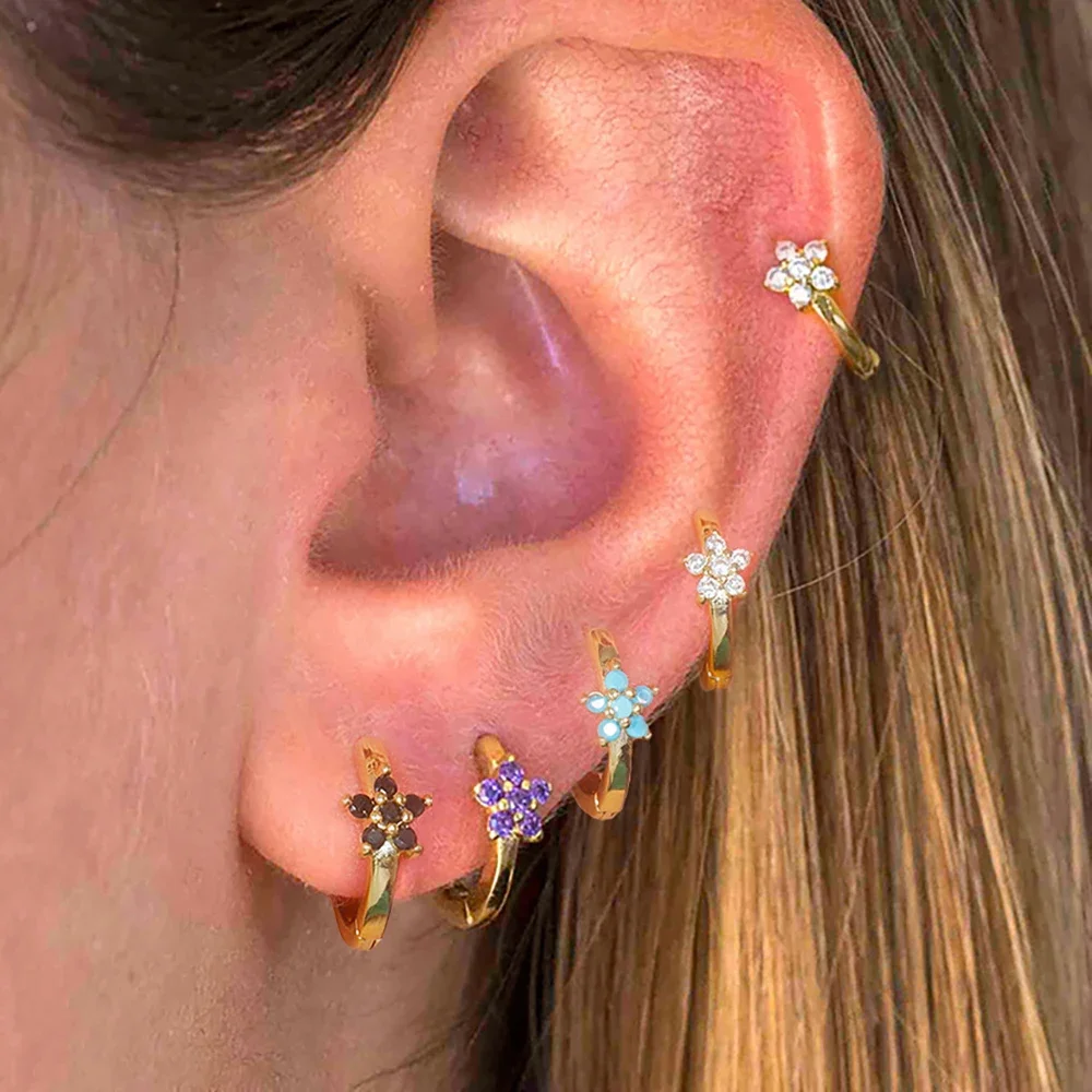 2PCS Stainless Steel Gold Color Stylish Flower Hoop Earrings For Women 18k Gold Plated Colorful Zircon Earring Piercing Jewelry