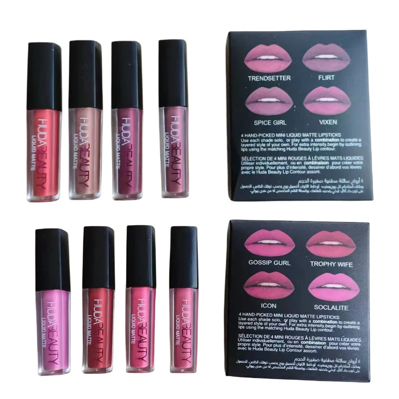 8pcs Huda Beauty Liquid Matte Lip Gloss Kit Waterproof Lip Glaze Tint Non-stick Non-Fading Lipstick Lip Makeup Cosmetic Lip Care