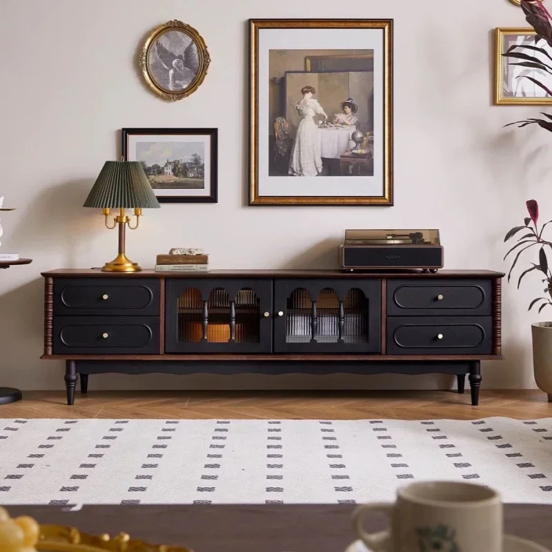 French retro TV cabinet coffee table combination living room multi-functional storage cabinet TV cabinet floor solid wood