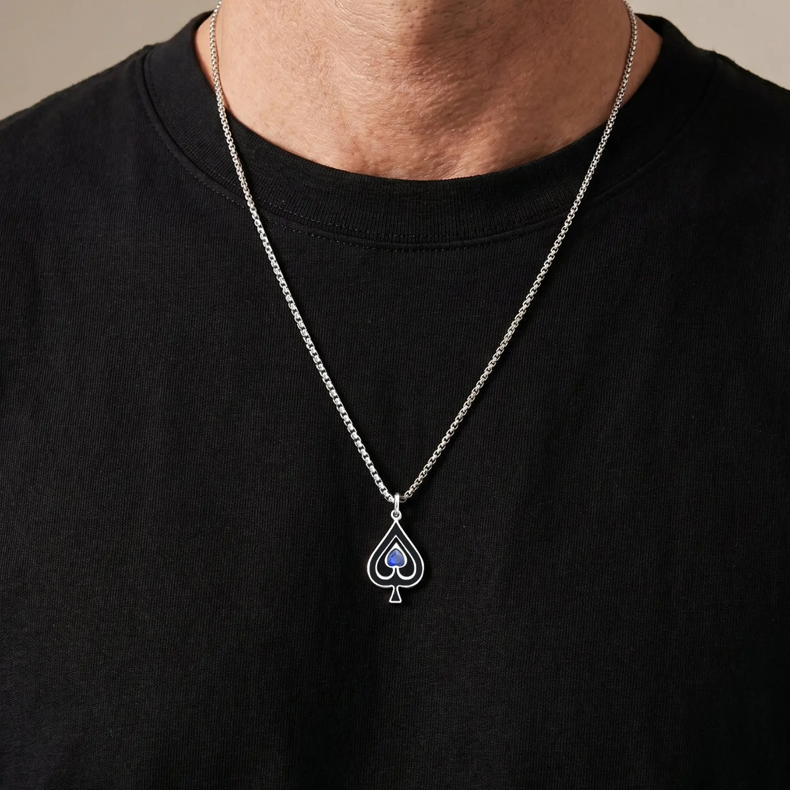 Vnox Stainless Steel Spade Pendant Necklace for Men, Blue Zircon Poker Card Charm Box Chain Punk Hip Hop Streetwear Jewelry Gift