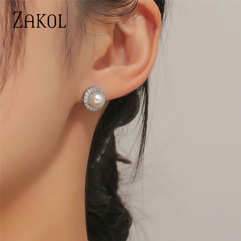 ZAKOL White Round Pearl Stud Earrings for Women Fashion Cubic Zirconia Bridal Wedding Jewelry EP2258