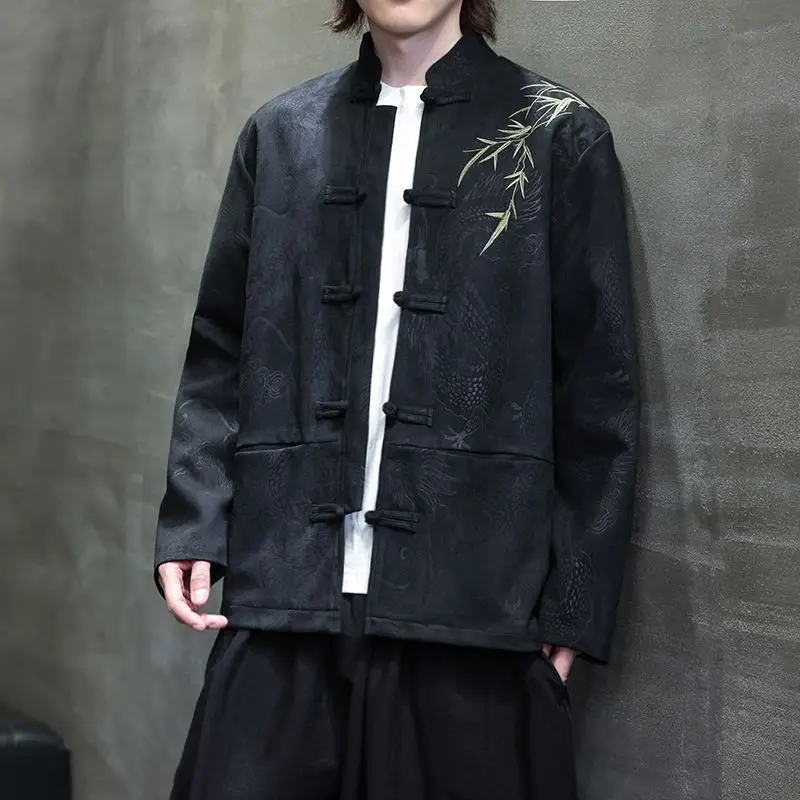 

New Chinese Sle Long Sve Jaet Embroidered Deer Skin Velvet Men's Large Size Autumn Winter Coat Traditional Hanfu Faion