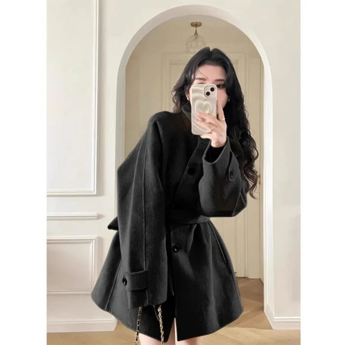 

Wool Blend Coats Womens Woolen Coat Velvet Stitching Winter Double-Breasted Gothic Style Office Lady Endurance Conference Formal
