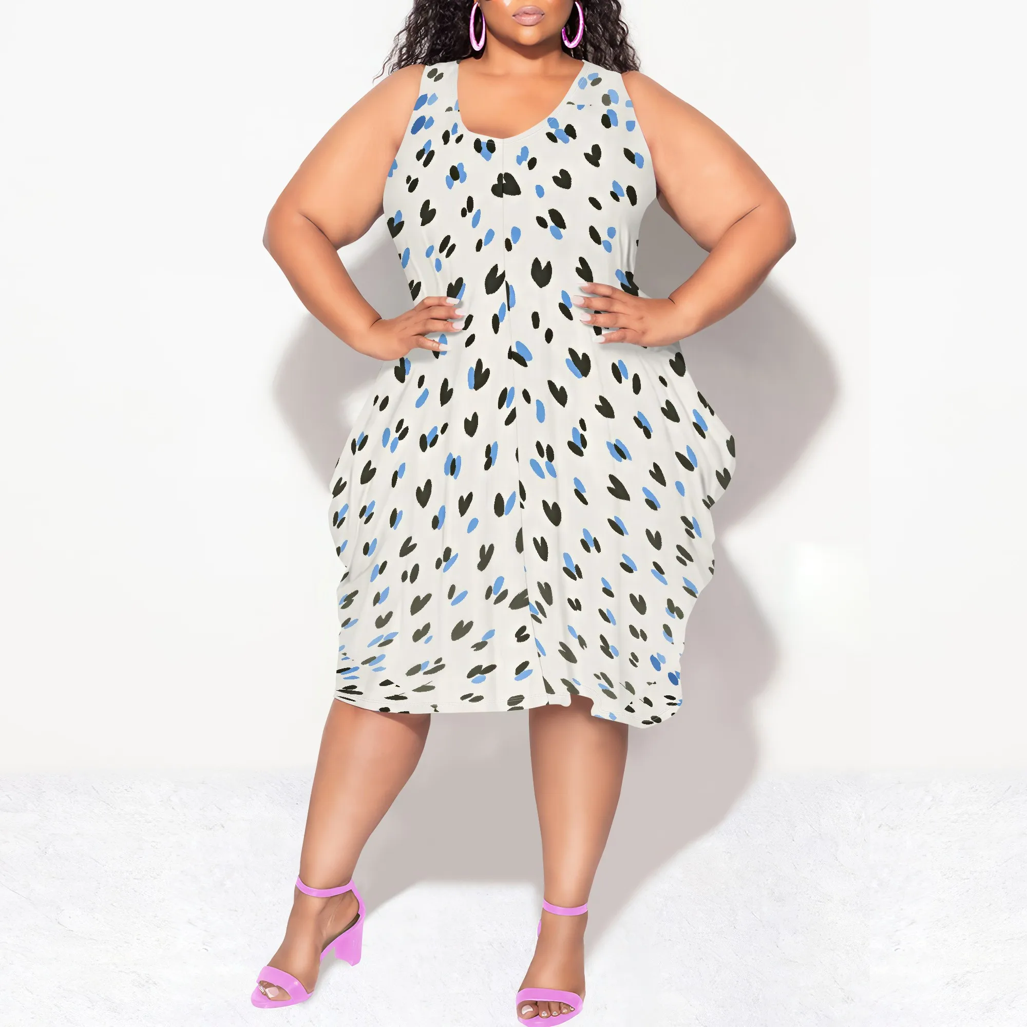 Plus Size Midi Casual Dresses for Women Scoop Neck Sleeveless Tank Short Dress with Pockets Loose Lounge Dress